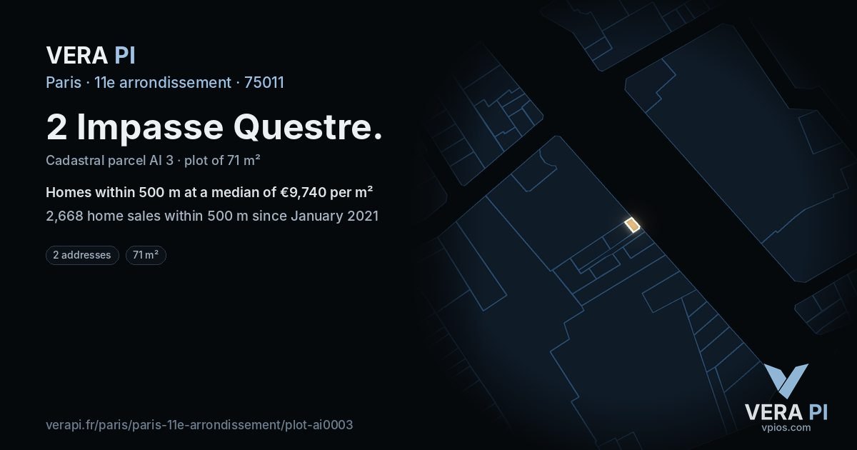 2 Impasse Questre, 11e arrondissement at night – the plot lit, the parcels around coloured by the prices near them