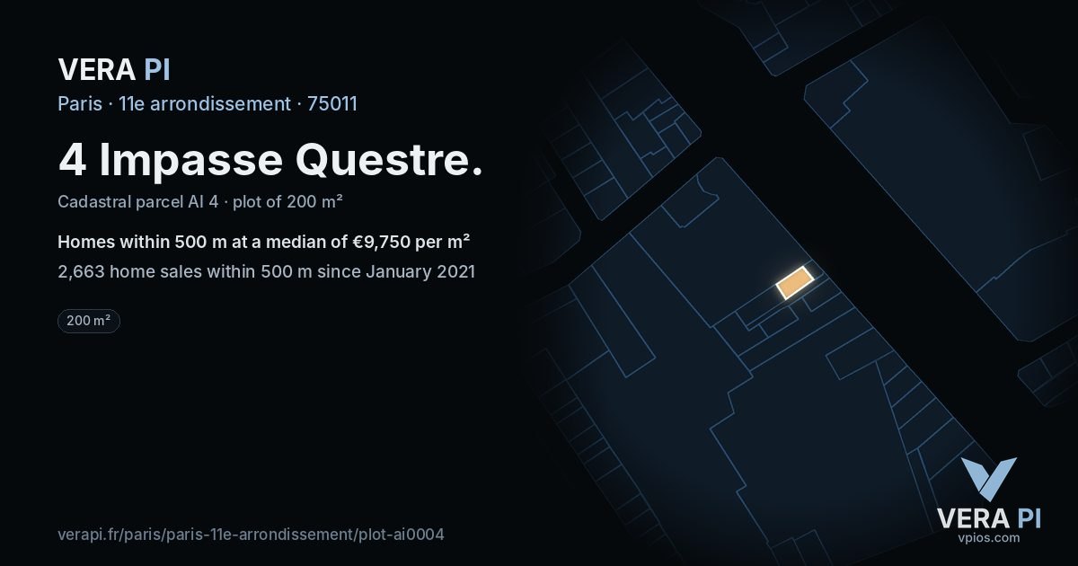 4 Impasse Questre, 11e arrondissement at night – the plot lit, the parcels around coloured by the prices near them