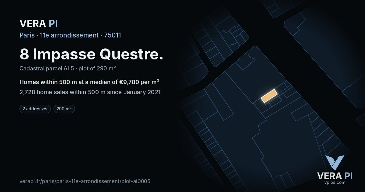 8 Impasse Questre, 11e arrondissement at night – the plot lit, the parcels around coloured by the prices near them