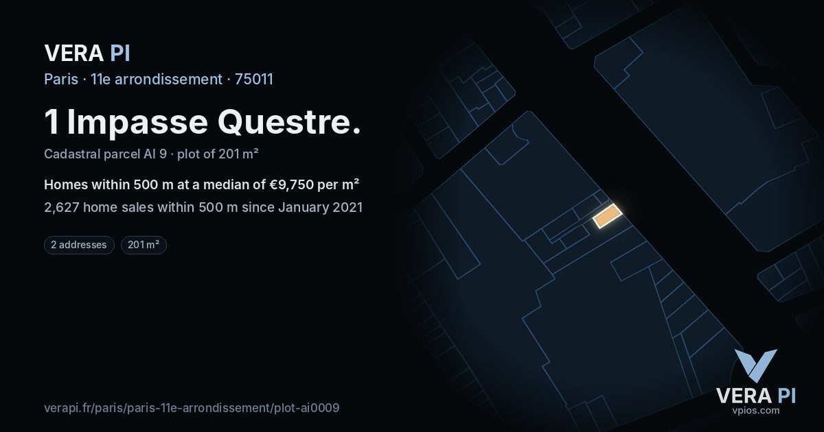 1 Impasse Questre, 11e arrondissement at night – the plot lit, the parcels around coloured by the prices near them