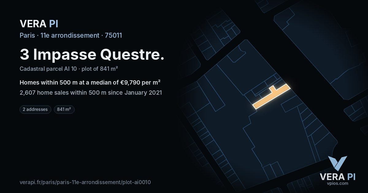 3 Impasse Questre, 11e arrondissement at night – the plot lit, the parcels around coloured by the prices near them