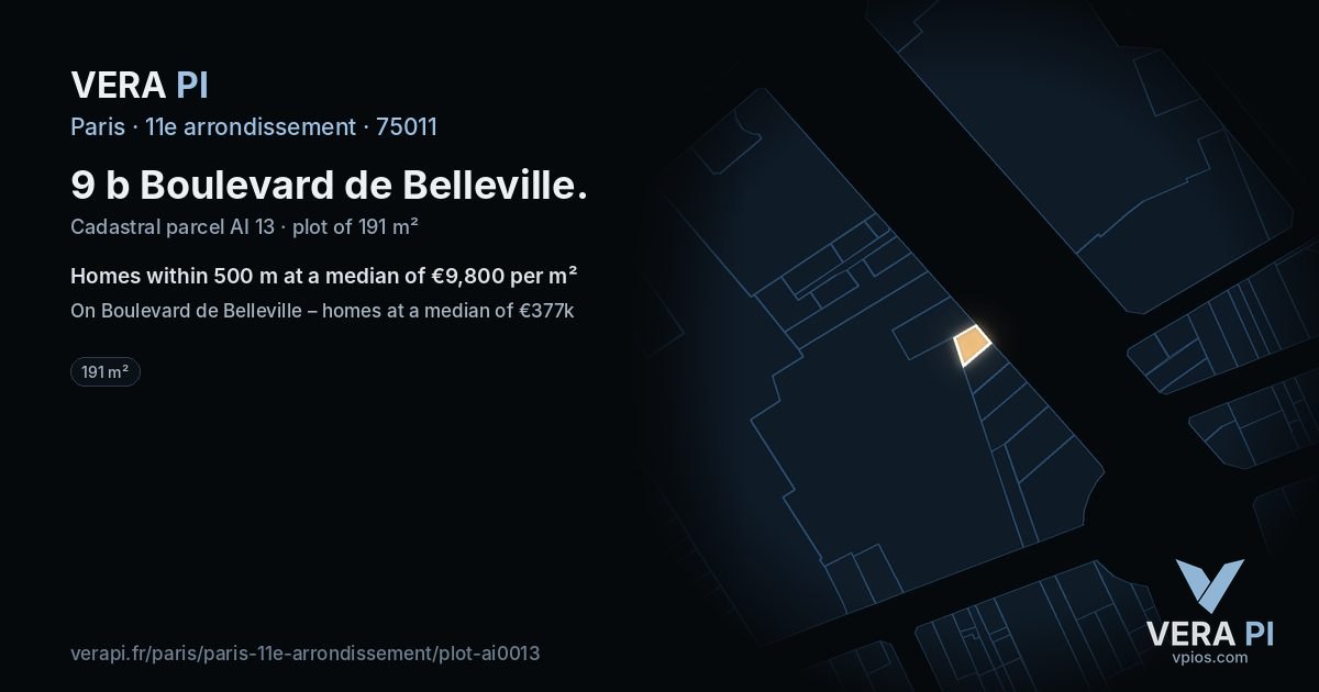 9 b Boulevard de Belleville, 11e arrondissement at night – the plot lit, the parcels around coloured by the prices near them