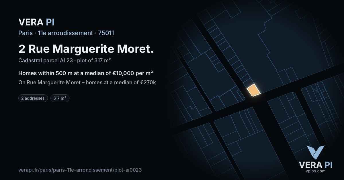 2 Rue Marguerite Moret, 11e arrondissement at night – the plot lit, the parcels around coloured by the prices near them