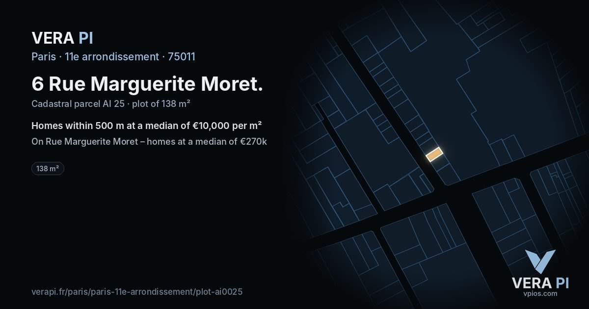 6 Rue Marguerite Moret, 11e arrondissement at night – the plot lit, the parcels around coloured by the prices near them