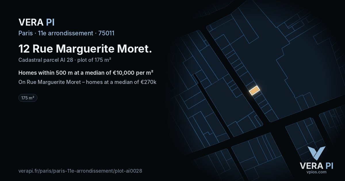 12 Rue Marguerite Moret, 11e arrondissement at night – the plot lit, the parcels around coloured by the prices near them