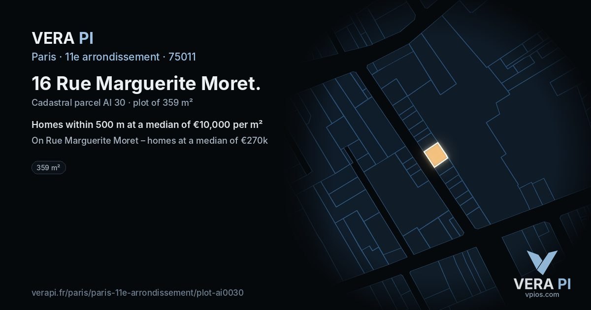16 Rue Marguerite Moret, 11e arrondissement at night – the plot lit, the parcels around coloured by the prices near them