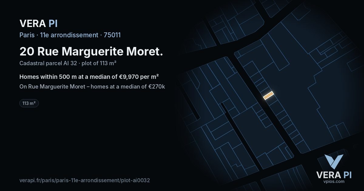 20 Rue Marguerite Moret, 11e arrondissement at night – the plot lit, the parcels around coloured by the prices near them