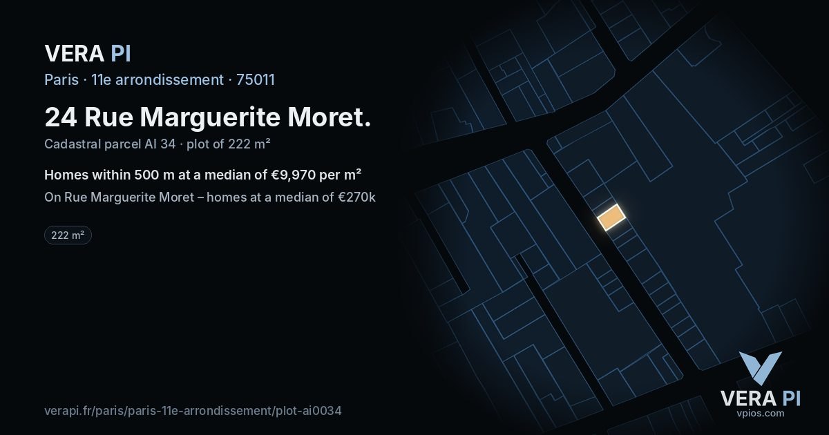 24 Rue Marguerite Moret, 11e arrondissement at night – the plot lit, the parcels around coloured by the prices near them