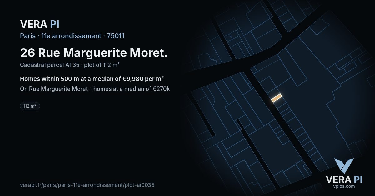 26 Rue Marguerite Moret, 11e arrondissement at night – the plot lit, the parcels around coloured by the prices near them