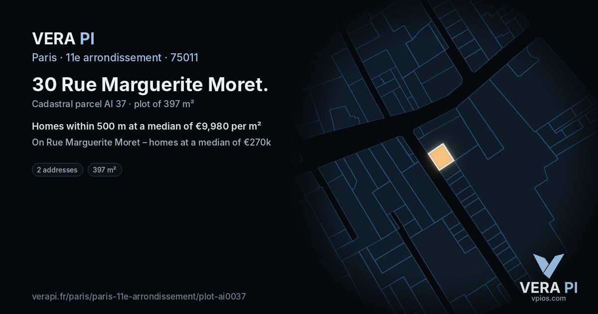 30 Rue Marguerite Moret, 11e arrondissement at night – the plot lit, the parcels around coloured by the prices near them