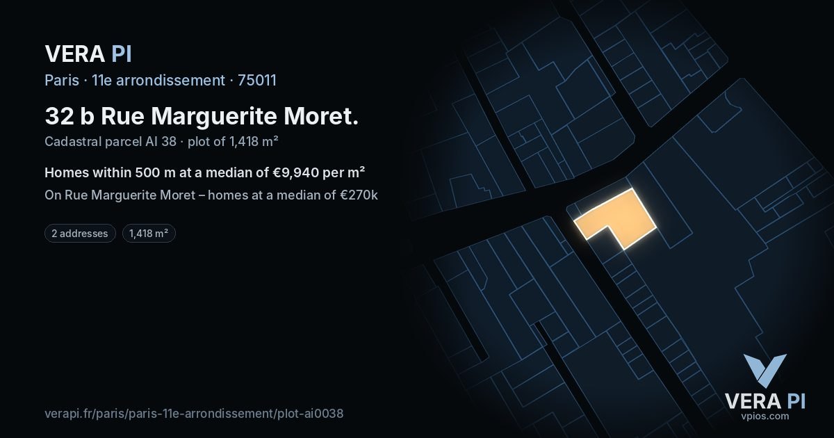 32 b Rue Marguerite Moret, 11e arrondissement at night – the plot lit, the parcels around coloured by the prices near them