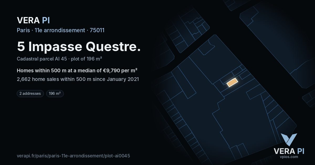 5 Impasse Questre, 11e arrondissement at night – the plot lit, the parcels around coloured by the prices near them