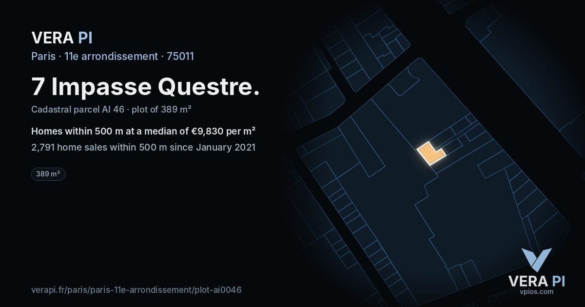 7 Impasse Questre, 11e arrondissement at night – the plot lit, the parcels around coloured by the prices near them
