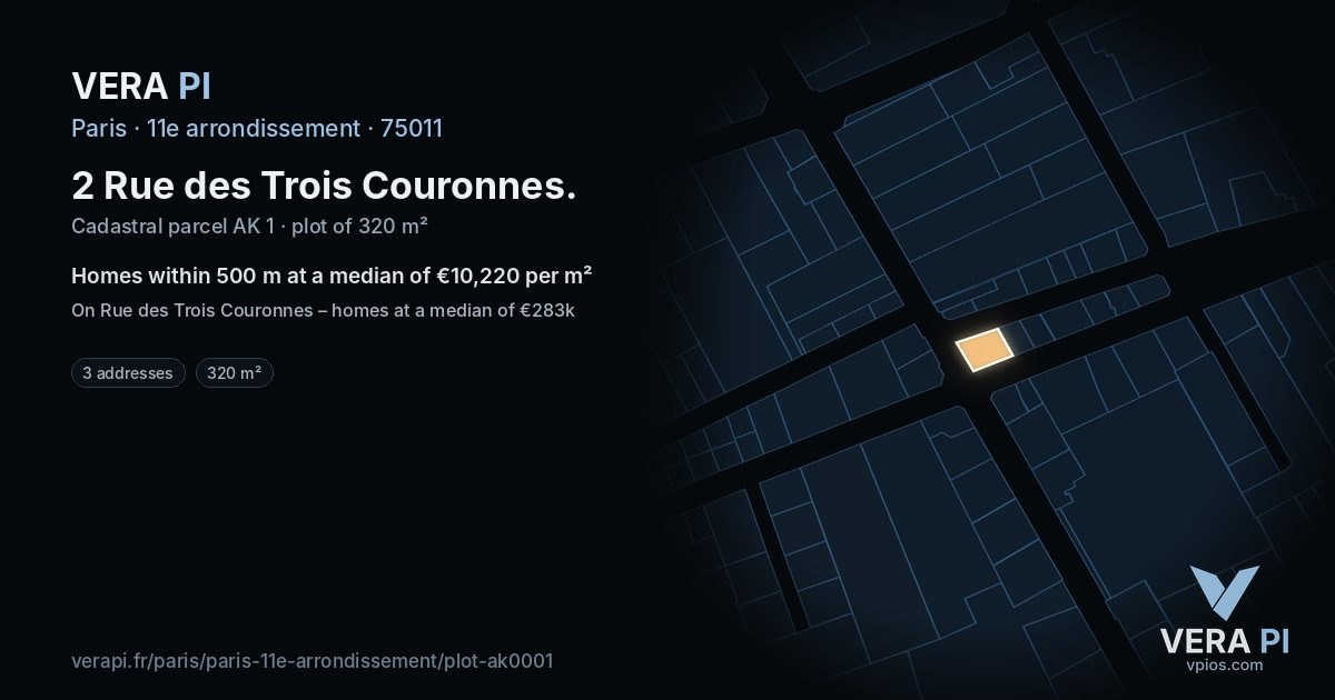 2 Rue des Trois Couronnes, 11e arrondissement at night – the plot lit, the parcels around coloured by the prices near them