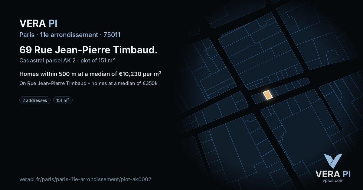 69 Rue Jean-Pierre Timbaud, 11e arrondissement at night – the plot lit, the parcels around coloured by the prices near them