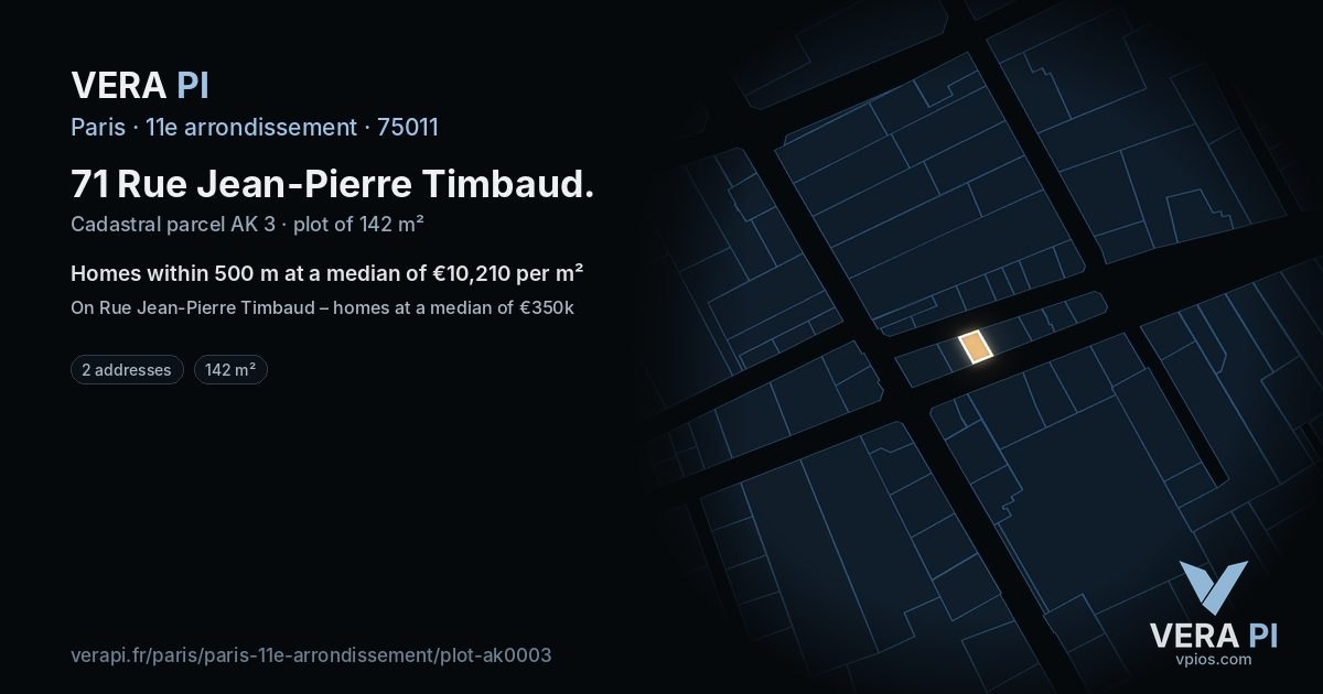 71 Rue Jean-Pierre Timbaud, 11e arrondissement at night – the plot lit, the parcels around coloured by the prices near them