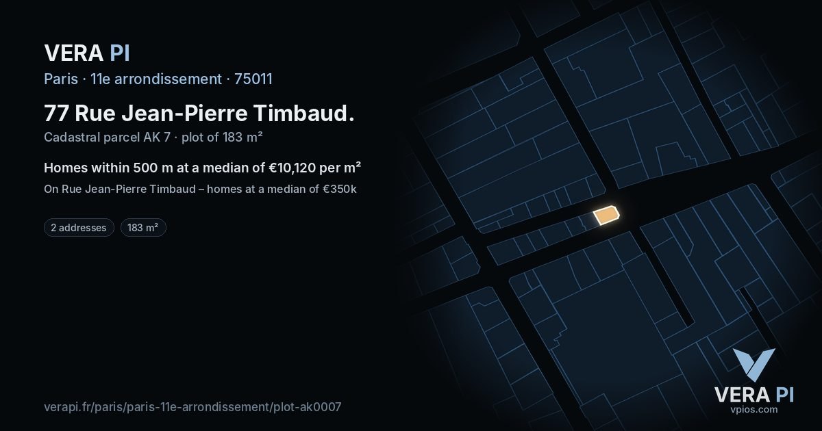 77 Rue Jean-Pierre Timbaud, 11e arrondissement at night – the plot lit, the parcels around coloured by the prices near them