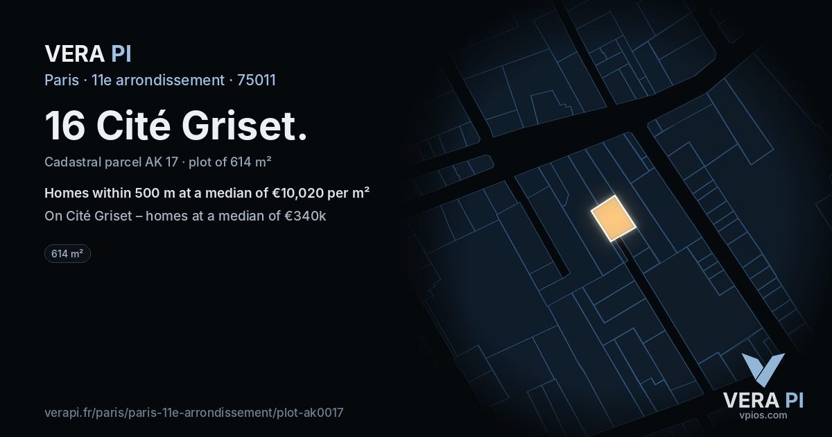 16 Cité Griset, 11e arrondissement at night – the plot lit, the parcels around coloured by the prices near them