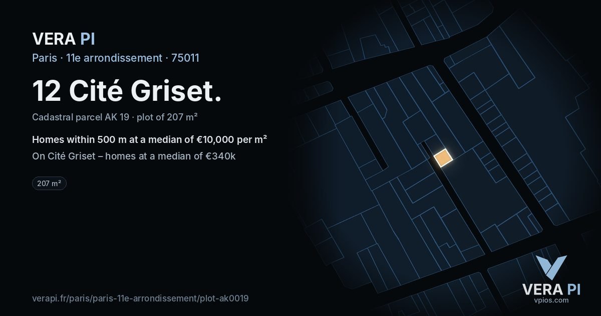 12 Cité Griset, 11e arrondissement at night – the plot lit, the parcels around coloured by the prices near them