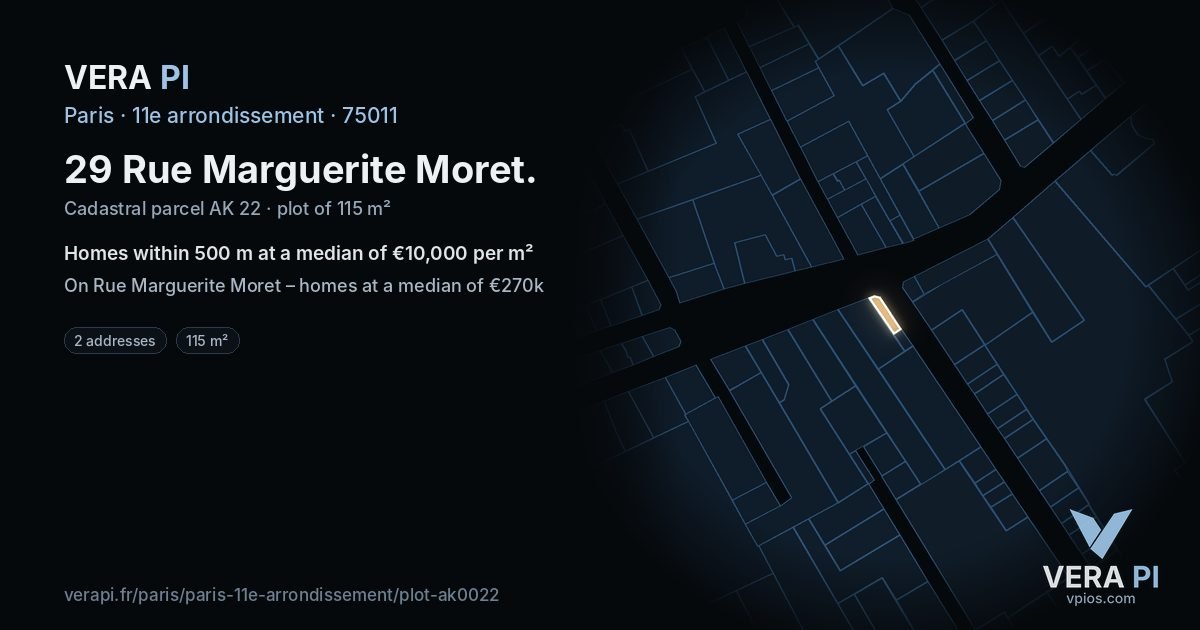 29 Rue Marguerite Moret, 11e arrondissement at night – the plot lit, the parcels around coloured by the prices near them