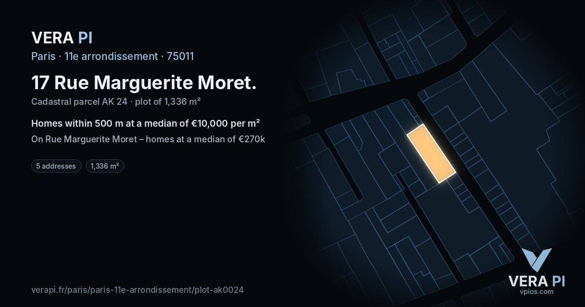 17 Rue Marguerite Moret, 11e arrondissement at night – the plot lit, the parcels around coloured by the prices near them