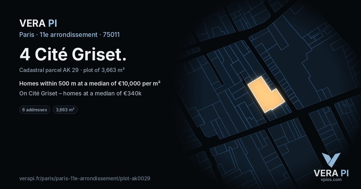 4 Cité Griset, 11e arrondissement at night – the plot lit, the parcels around coloured by the prices near them