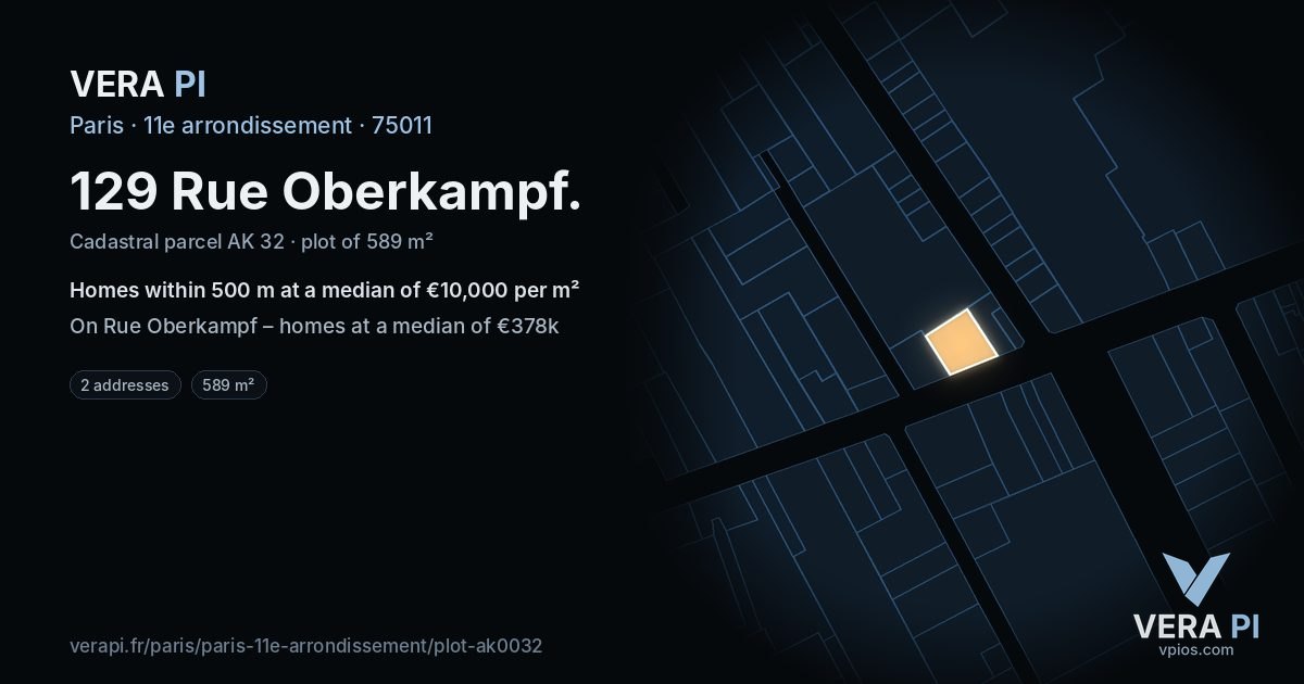 129 Rue Oberkampf, 11e arrondissement at night – the plot lit, the parcels around coloured by the prices near them