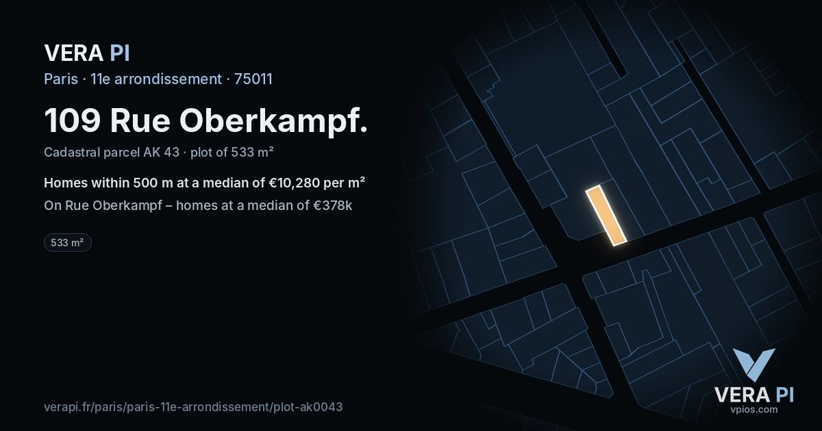109 Rue Oberkampf, 11e arrondissement at night – the plot lit, the parcels around coloured by the prices near them