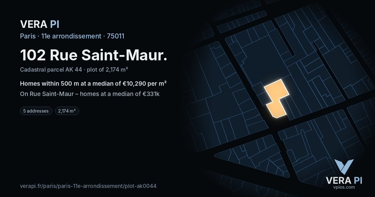 102 Rue Saint-Maur, 11e arrondissement at night – the plot lit, the parcels around coloured by the prices near them