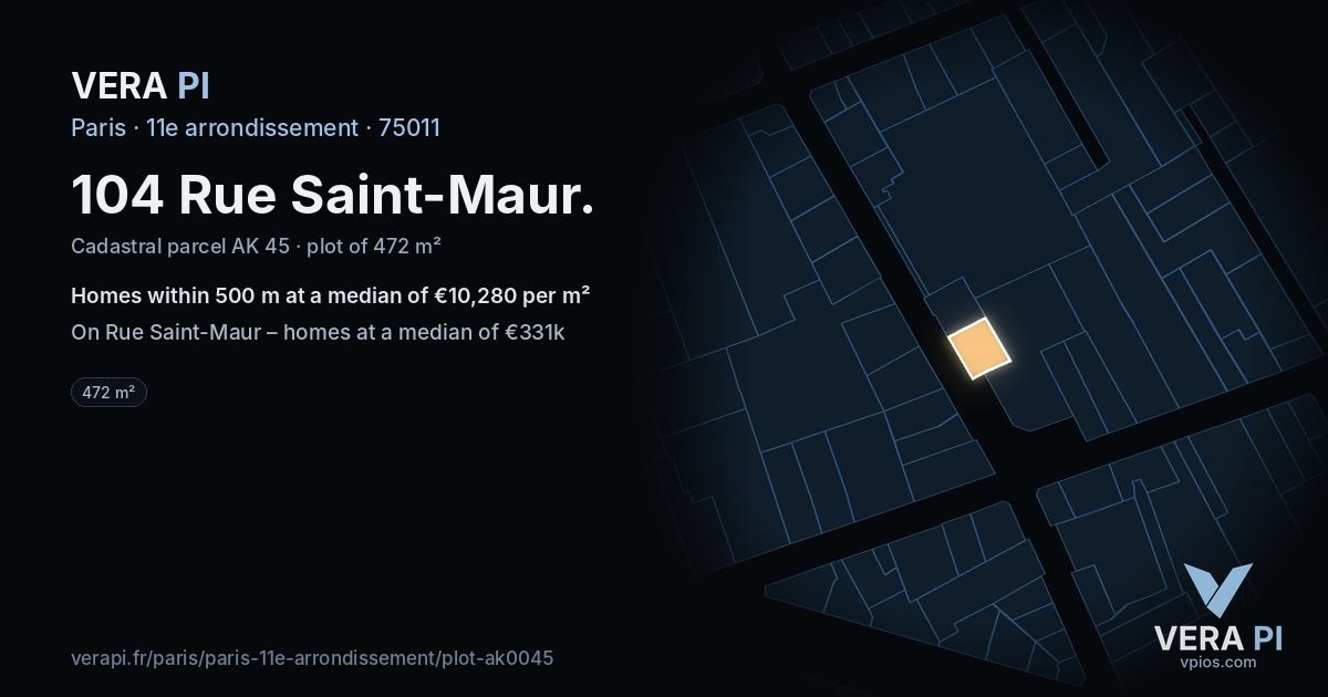104 Rue Saint-Maur, 11e arrondissement at night – the plot lit, the parcels around coloured by the prices near them