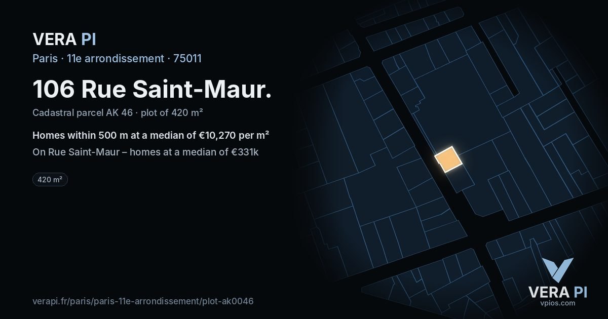 106 Rue Saint-Maur, 11e arrondissement at night – the plot lit, the parcels around coloured by the prices near them