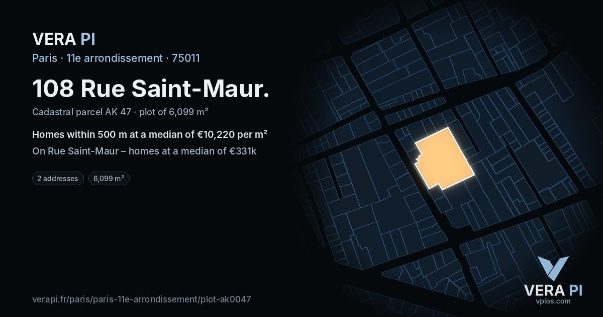 108 Rue Saint-Maur, 11e arrondissement at night – the plot lit, the parcels around coloured by the prices near them