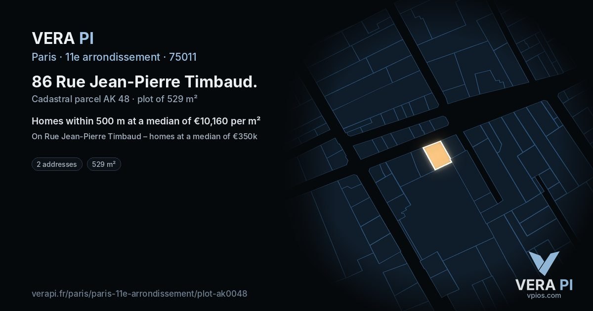 86 Rue Jean-Pierre Timbaud, 11e arrondissement at night – the plot lit, the parcels around coloured by the prices near them