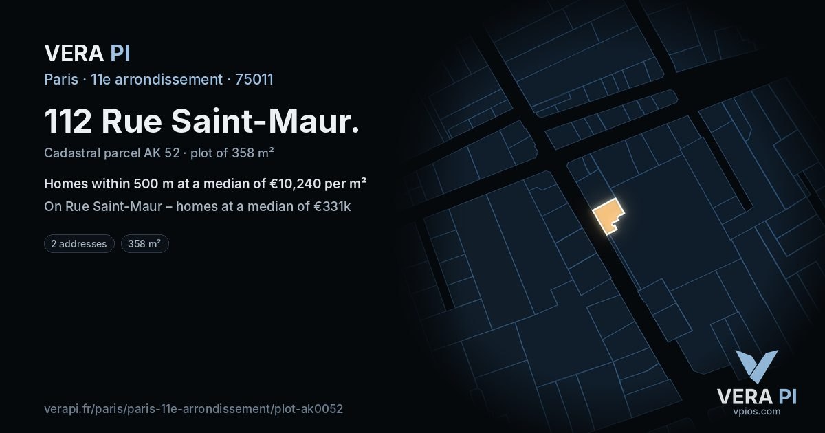 112 Rue Saint-Maur, 11e arrondissement at night – the plot lit, the parcels around coloured by the prices near them