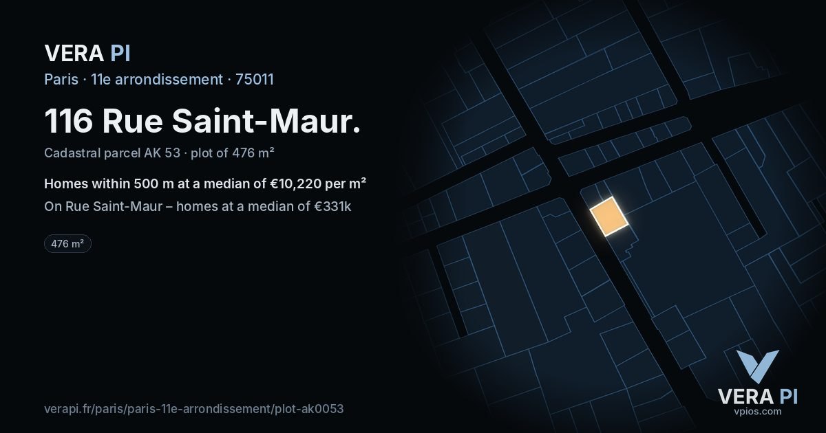 116 Rue Saint-Maur, 11e arrondissement at night – the plot lit, the parcels around coloured by the prices near them