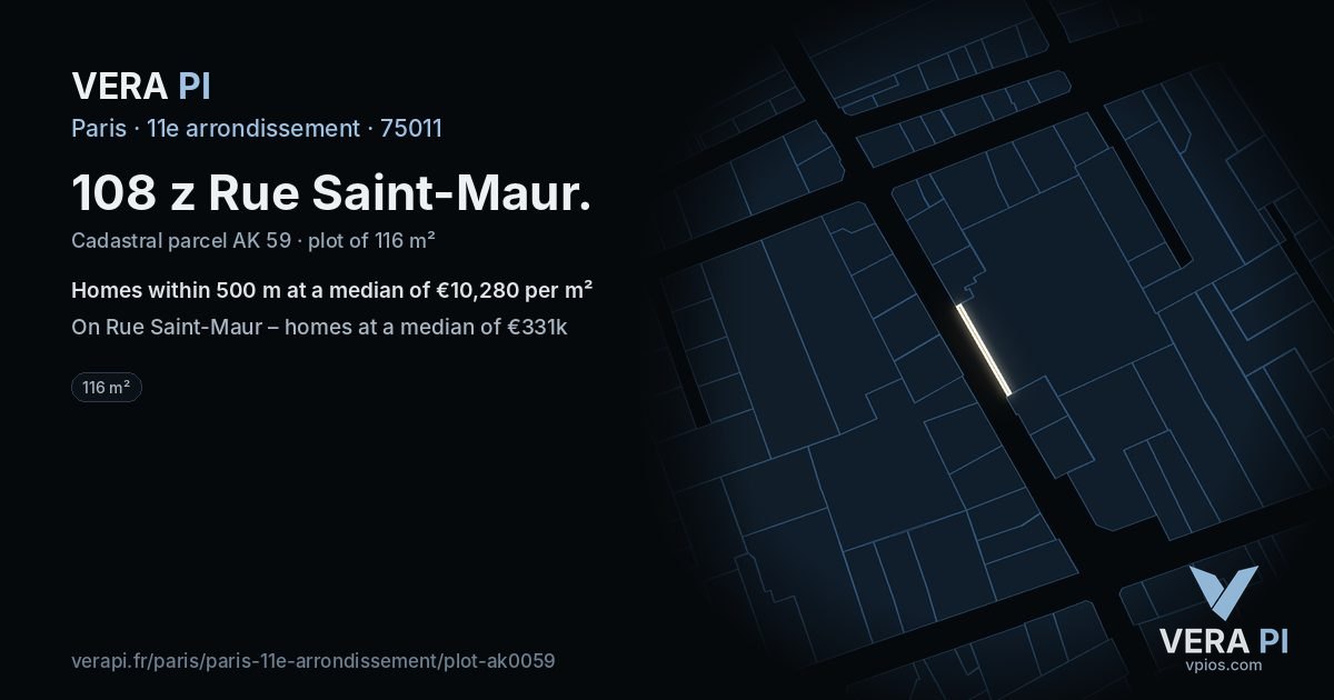 108 z Rue Saint-Maur, 11e arrondissement at night – the plot lit, the parcels around coloured by the prices near them