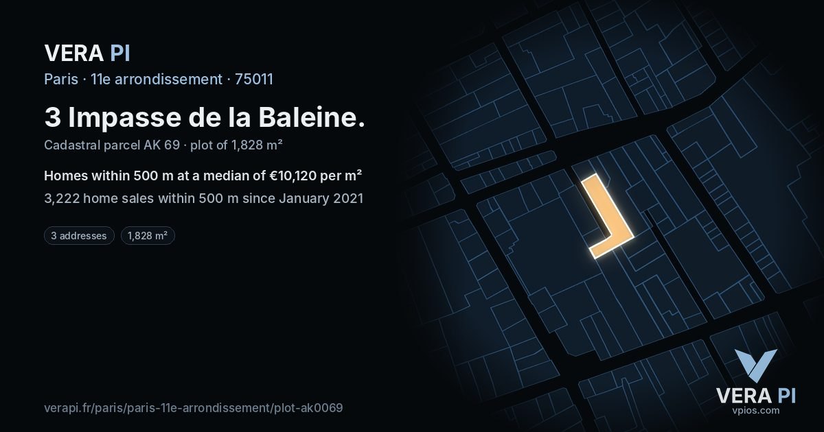 3 Impasse de la Baleine, 11e arrondissement at night – the plot lit, the parcels around coloured by the prices near them