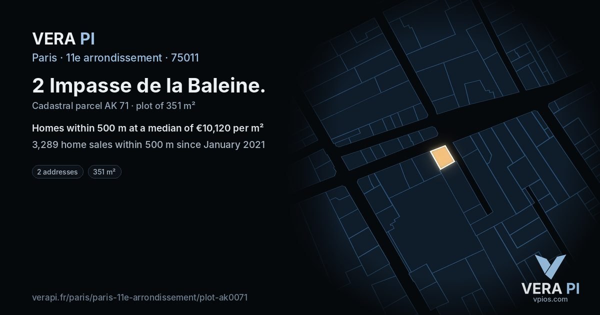 2 Impasse de la Baleine, 11e arrondissement at night – the plot lit, the parcels around coloured by the prices near them