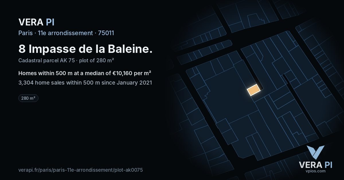 8 Impasse de la Baleine, 11e arrondissement at night – the plot lit, the parcels around coloured by the prices near them