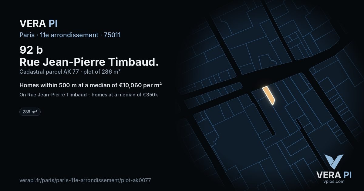 92 b Rue Jean-Pierre Timbaud, 11e arrondissement at night – the plot lit, the parcels around coloured by the prices near them