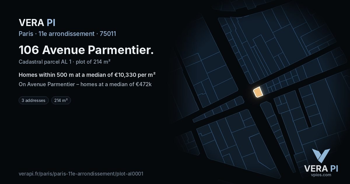 106 Avenue Parmentier, 11e arrondissement at night – the plot lit, the parcels around coloured by the prices near them
