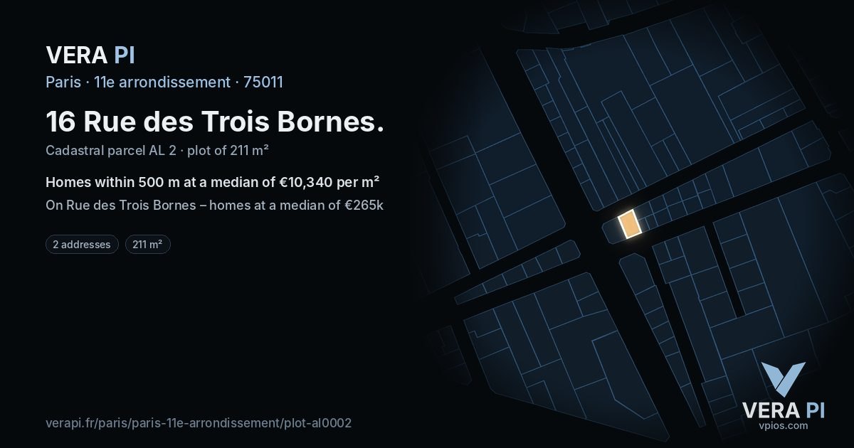 16 Rue des Trois Bornes, 11e arrondissement at night – the plot lit, the parcels around coloured by the prices near them