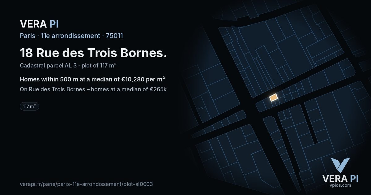 18 Rue des Trois Bornes, 11e arrondissement at night – the plot lit, the parcels around coloured by the prices near them