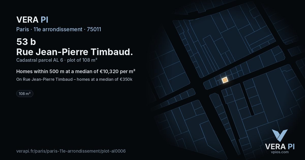 53 b Rue Jean-Pierre Timbaud, 11e arrondissement at night – the plot lit, the parcels around coloured by the prices near them