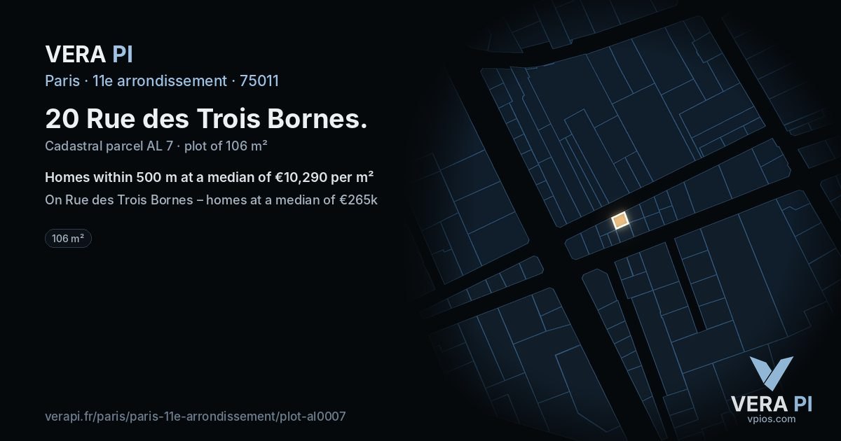 20 Rue des Trois Bornes, 11e arrondissement at night – the plot lit, the parcels around coloured by the prices near them