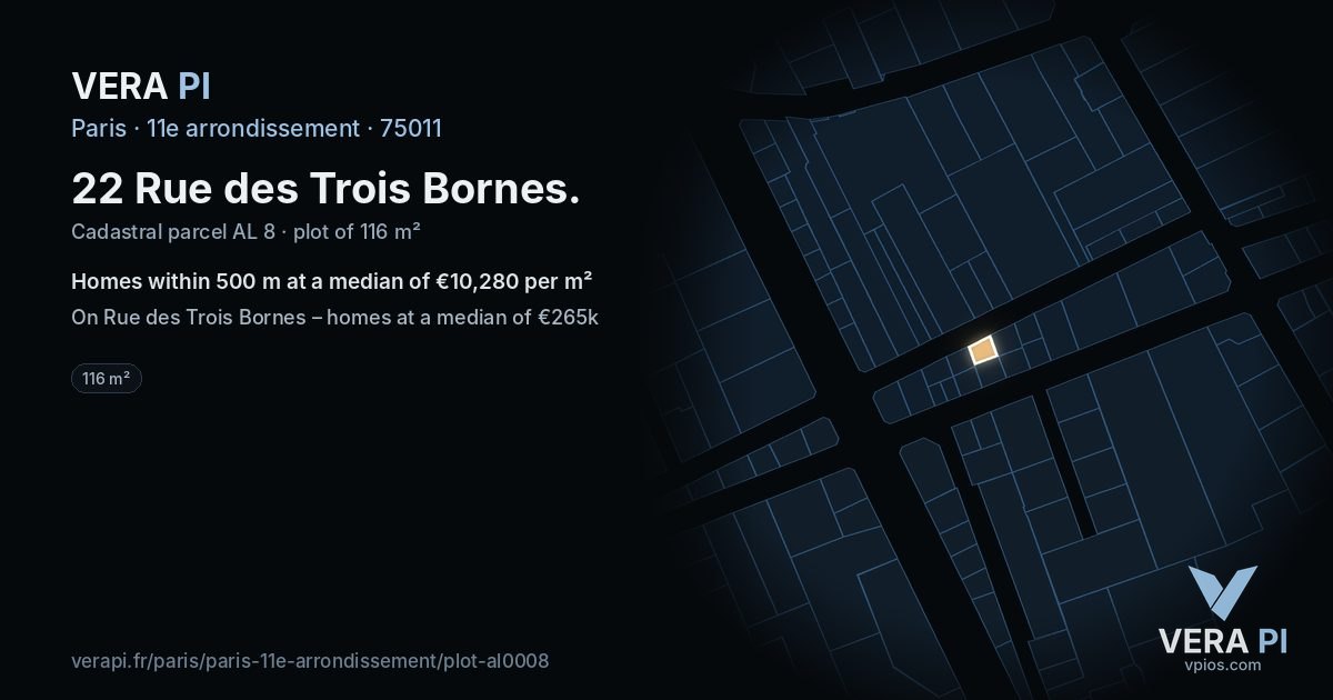 22 Rue des Trois Bornes, 11e arrondissement at night – the plot lit, the parcels around coloured by the prices near them