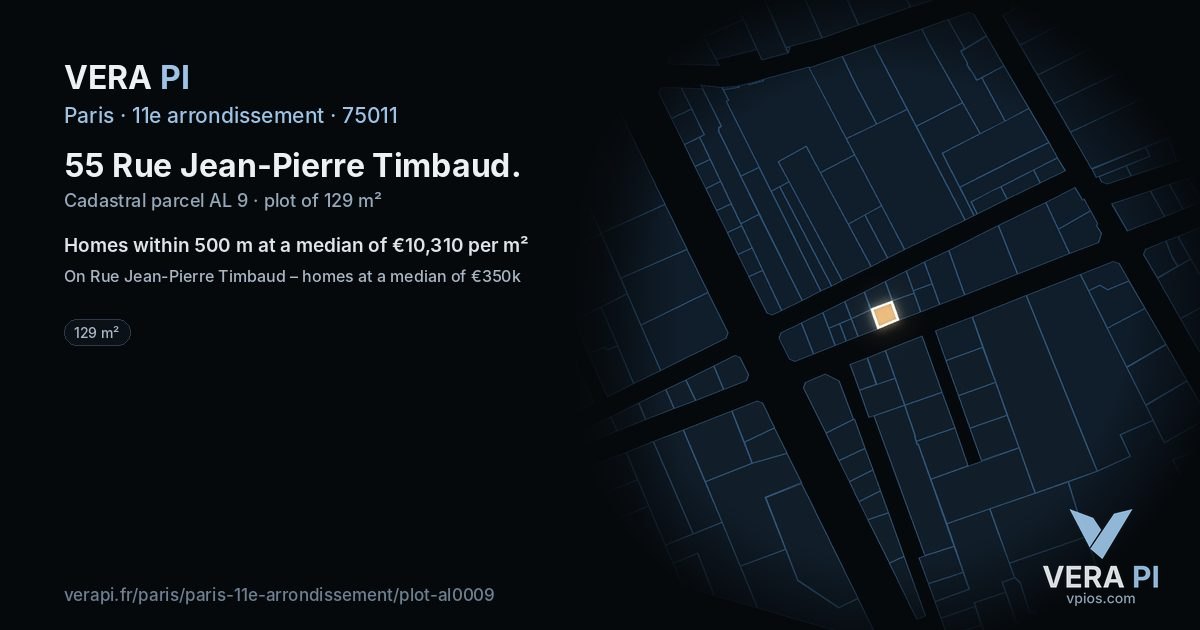 55 Rue Jean-Pierre Timbaud, 11e arrondissement at night – the plot lit, the parcels around coloured by the prices near them