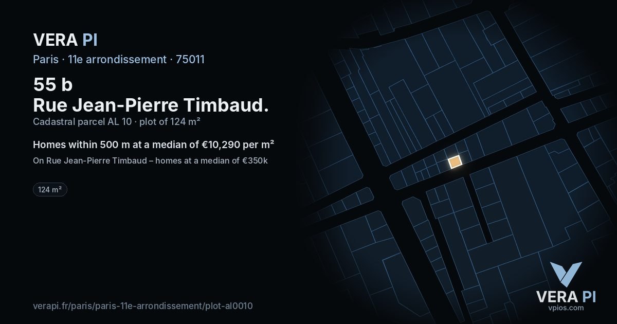 55 b Rue Jean-Pierre Timbaud, 11e arrondissement at night – the plot lit, the parcels around coloured by the prices near them