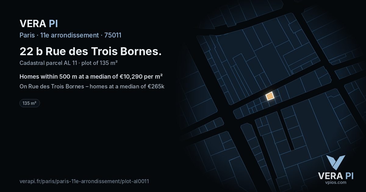 22 b Rue des Trois Bornes, 11e arrondissement at night – the plot lit, the parcels around coloured by the prices near them