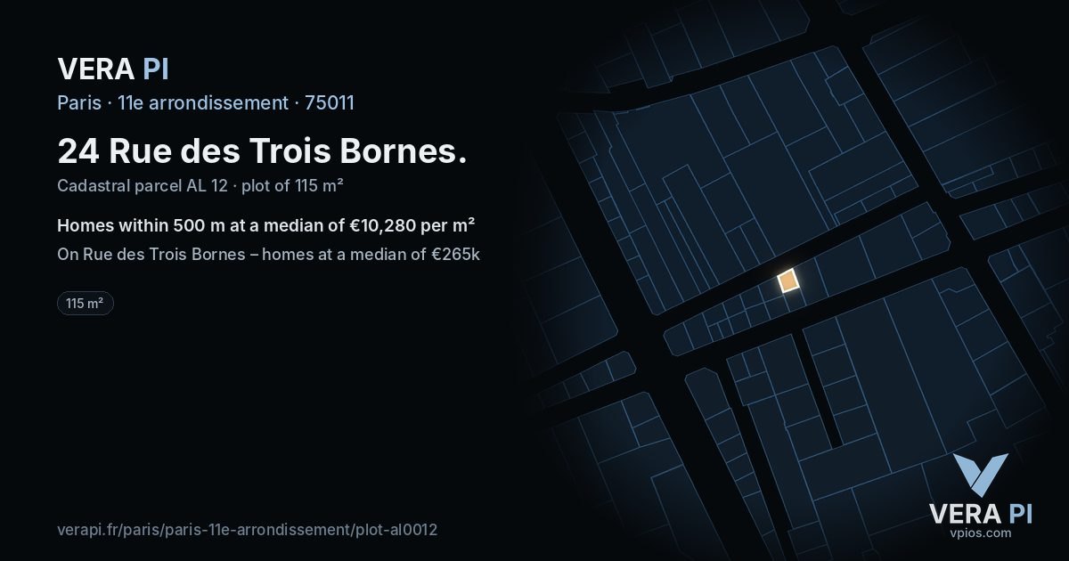 24 Rue des Trois Bornes, 11e arrondissement at night – the plot lit, the parcels around coloured by the prices near them